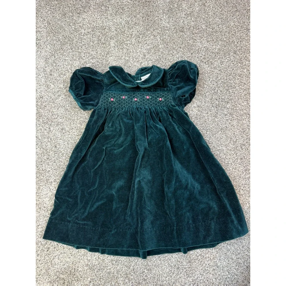 Carters Baby Girls Green Velvet Smocked‎ Floral Holiday Dress 6-9 Months